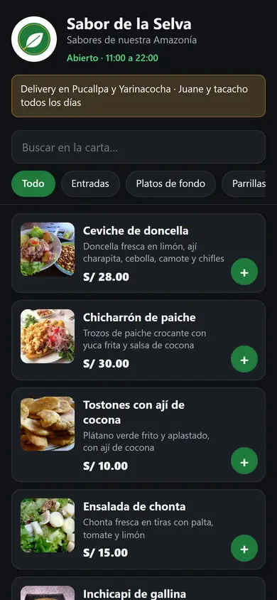 La carta digital de un restaurante hecha con C-Soft, en un celular